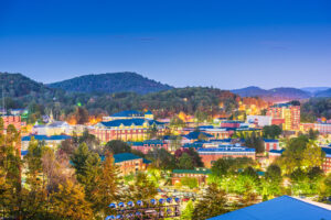 Boone, North Carolina Aerial shot of downtown at twilight